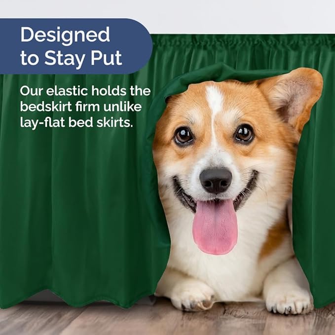 Wrap Around Dust Ruffle Bed Skirt - Emerald - for King Size Beds w/ 15 Inch Drop - Easy Fit Elastic Strap - Adjustable Pleated Bedskirt w/Brushed Fabric - Wrinkle Free - for Women, Men, Kids & Teens