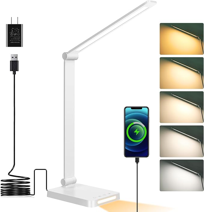 Dott Arts LED Desk Lamp with USB Ports, Touch Control, 5 Color Modes, 3 Brightness Levels, Foldable Design, White