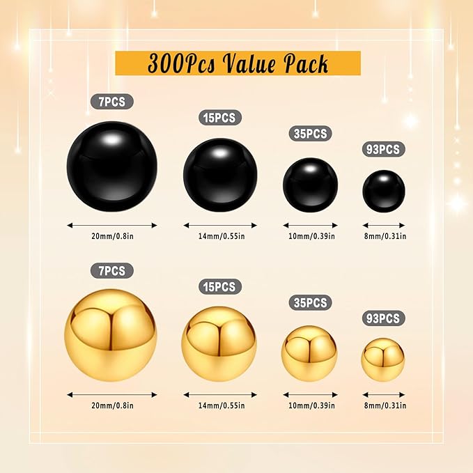 300Pcs Pearl Vase Filler, Black BrightGold No Hole Faux Pearl Beads for Centerpieces Vases, Candle Centerpieces, Wedding Birthday Party Home Decor 8/10/14/20mm