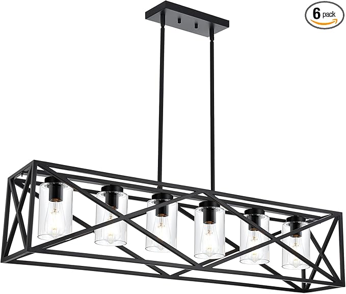 TODOLUZ 6-Lights Farmhouse Chandelier Black Dining Room Light Fixtures, 45.28" Contemporary Rectangle Kitchen Island Lighting with Clear Glass Shade