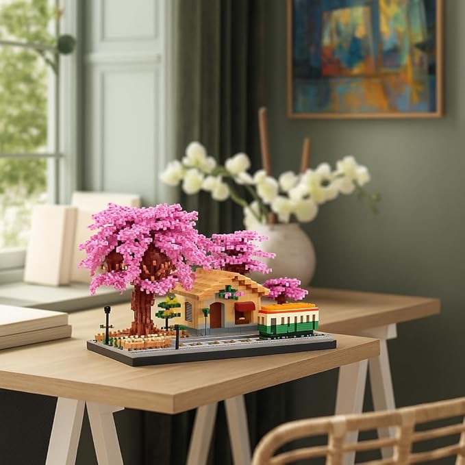 Cherry Train Building Set, Japanese Sakura Train Station Scene with Cherry Blossom Trees, Collectible Architecture Model Kit Mini Bricks Toys 3668 Pieces