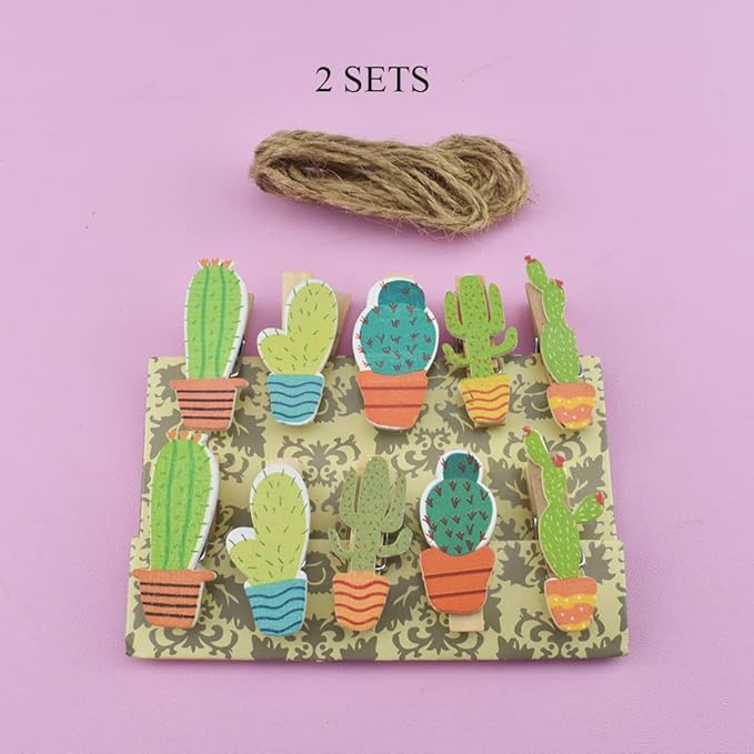 HAHIYO Cactus Painted Mini Wooden Clothespin Clip with 6.56 Feet Jute Twine Photo Paper Holders 1.38inch Tight Clamp Not Fray Rope Post Notices Handy Read for Hanging Postcard Wedding 20PCS