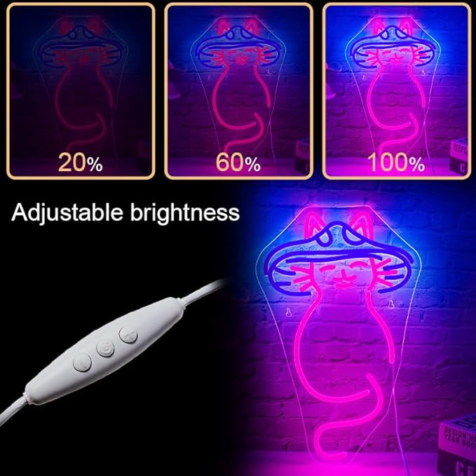 WLHOPE Mushroom Cat Neon Sign for Wall Decor Dimmable Cute LED Lights Light Up Signs for Bedroom Living Room Bar Party Christmas Birthday Art Gift