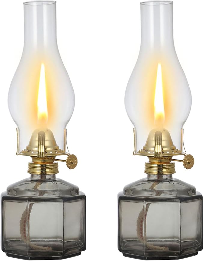 2 Pack Rustic Oil Lamp Large Vintage Glass Kerosene Lamp Chamber Oil Lamps for Indoor Use Home Decor Classic Old Hurricane Oil Lamp for Emergency Lighting 12.5''