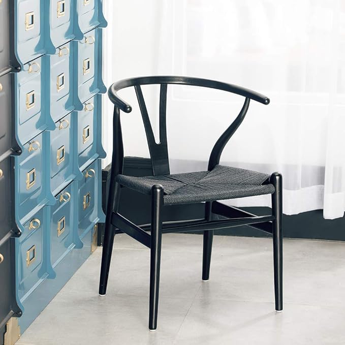 Wishbone Chair, Solid Wood Armrest Woven Seat Chair, Kitchen & Dining Chair, Wishbone Y Black Chairs - Set of 2 (Ash Wood - Black)