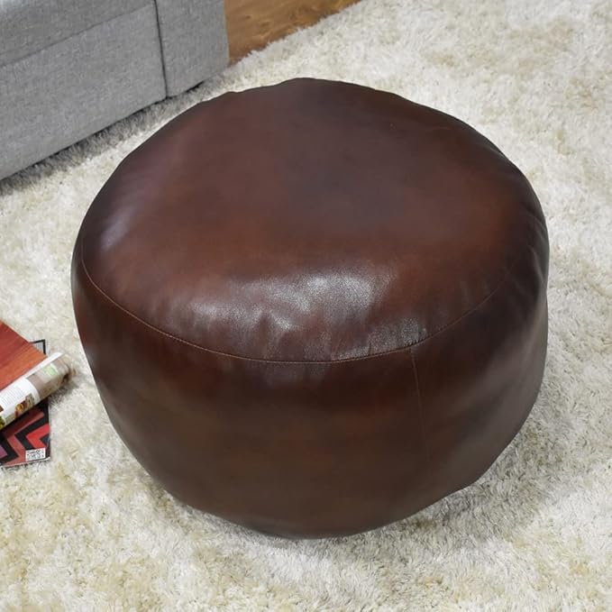 PF12 Round Shaped Goat Leather Handmade Eco-Friendly Brown Pouf - 21" x 21" x 12", Plain Solid, Recycled Cotton Filled