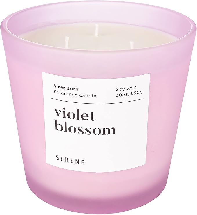 Hidden Label Large Scented Candle, Violet Blossom, 30oz 3 Wick Huge Candle, Serene Collection Slow Burn Natural Soy Candles for Home Scented