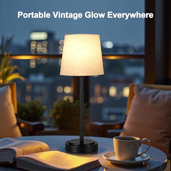 Cordless Table Lamps Set of 2 – Battery Operated Lamp with 7500mAh Rechargeable Battery, Stepless Dimmable Black Lamps with Beige Shade, Wireless Lamps for Dining Room & Nightstand (Bulbs Included)