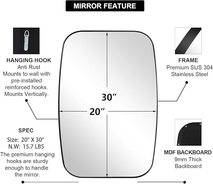 ANDY STAR Oval Mirrors for Bathroom, 20x30’’ Black Bathroom Vanity Mirror with Metal Frame, Black Oblong Bathroom Mirror for Over Sink, Modern Anti Rust Wall Mounted