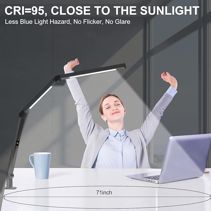 LED Desk Lamp with Clamp, Architect Desk Lamp for Home Office with Remote Control, Swing Arm Clamp on Computer Light, Clip-on Eye-Care Adjustable 5 Brightness Levels Table Light for Working Drafting