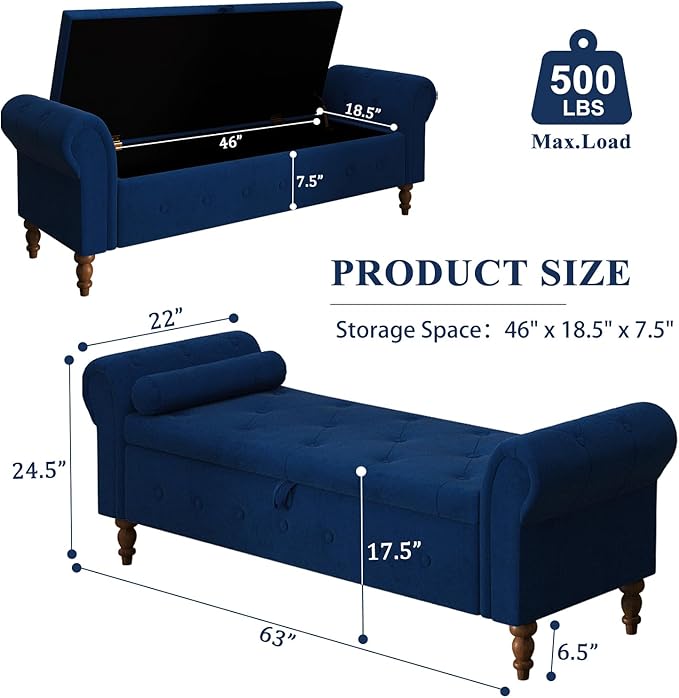 Storage Ottoman Bench for Bedroom, 63" End of Bed Bench with Rolled Arms Upholstered Ottoman Bench Fit for Bedroom, Living Room, Entryway, Velvet Navy Blue