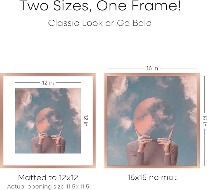 Homeforia 16x16 Picture Frame Rose Gold, High End Metal 16 x 16 Square Poster Frame with Mat 12 x 12 Photo, 16x16 Frame Matted to 12x12 Print, 16by16 Hanging Frames, Tempered Glass, Wall Kit, Set of 1