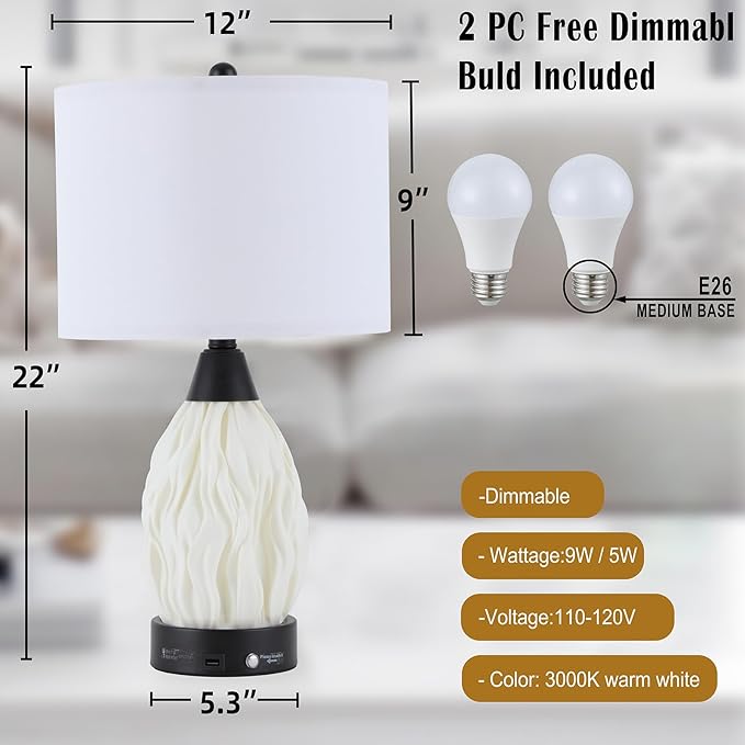 Serteaw 22''Touch Control Table Lamps Set of 2,Stepless Dimmable Bedside Lamps with USB Charging Ports, Black and Cream Living Room End Nightstand Table Lamps with Linen Lampshade, LED Bulbs Included