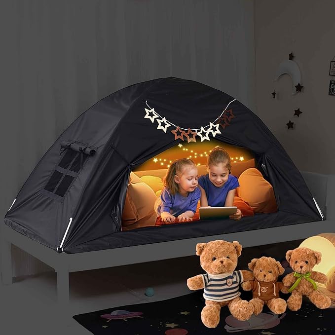 Bed Tent for Kid Twin Size Bed Canopy,Sensory Breathable Privacy Space Sleeping Drafty Room Dream Tents Indoor Play Tent Black-Out Kid Sleep Tent (Black, Twin)