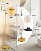 Lightdot 62IN Floor Lamps for Living Room, Modern Standing Tall Lamps with Double Linen Shades, 3000K Arc Bohemian Floor Lamp with Foot Switch for Wedding/Party, Bedroom, Home Office-Gold