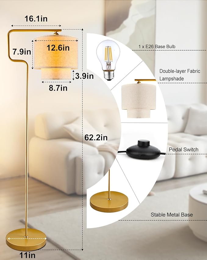 Lightdot 62IN Floor Lamps for Living Room, Modern Standing Tall Lamps with Double Linen Shades, 3000K Arc Bohemian Floor Lamp with Foot Switch for Wedding/Party, Bedroom, Home Office-Gold