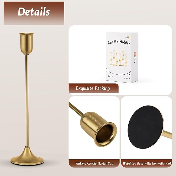 Candlestick Holders, Taper Candle Holders Set of 3, Gold Vintage Candle Sticks Holder Decor for Table Centerpiece, Fireplace Mantel, Weddings & Housewarming Décor with Gift Box