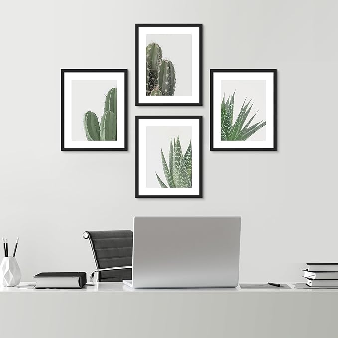 SIGNWIN Framed Green Cactus Snake Plant Wall Art, Set of 4 Collage Desert Landscape Wall Decor Prints, Nature Wilderness Wall Décor for Living Room, Bedroom - 11"x14"Black