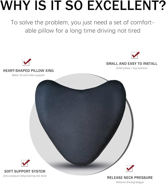 Travel Car Headrest Pillow, 100% Pure Memory Foam Car Pillow for Driving with Adjustable Strap, Breathable Removable Cover & Ergonomic Design - Softness Car Neck Support Pillow(Black, LOVE SHAPE)