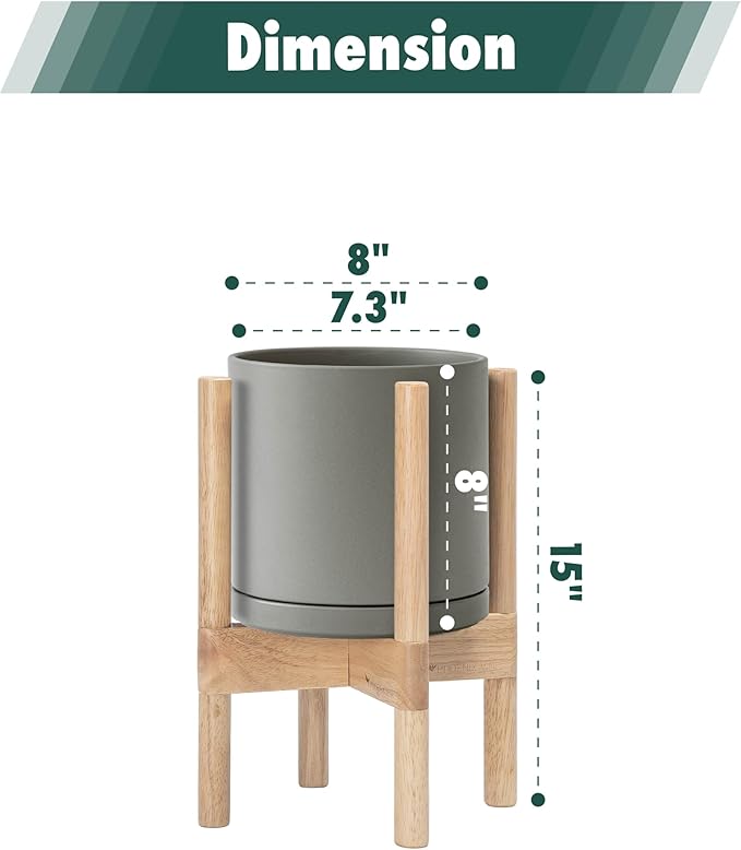 D'vine Dev Ceramic Planter with Natural Stand - 8 Inch Modern Round Flower Pot with Wood Planter Holder, Grey, 55-B-N-3