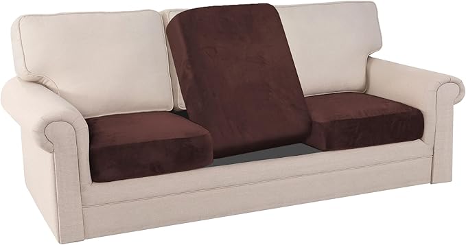 PrinceDeco Velvet Couch Cushion Covers 3 Pieces Velvet Separate Couch Cover Stretch Sofa Slipcover Washable Furniture Protector for Sectional Sofa Each Width Up to 40", Brown