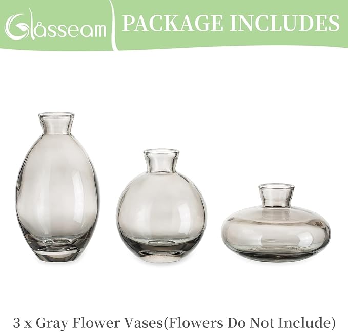 Bud Vases 3Pcs/Set Small Vases Handmade Cute Gray Small Vases for Flowers Centerpieces Glass Vases Mini Vase Home Decor Centerpieces, Events Table Decor