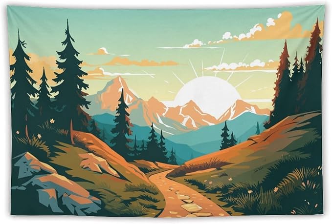 HZOHNAGO Mountain Tapestry Forest Mountain Sunrise Road Pattern Printed Wall Tapestry Wall Hanging for Bedroom Living Room Dorm 90" W x 60" H