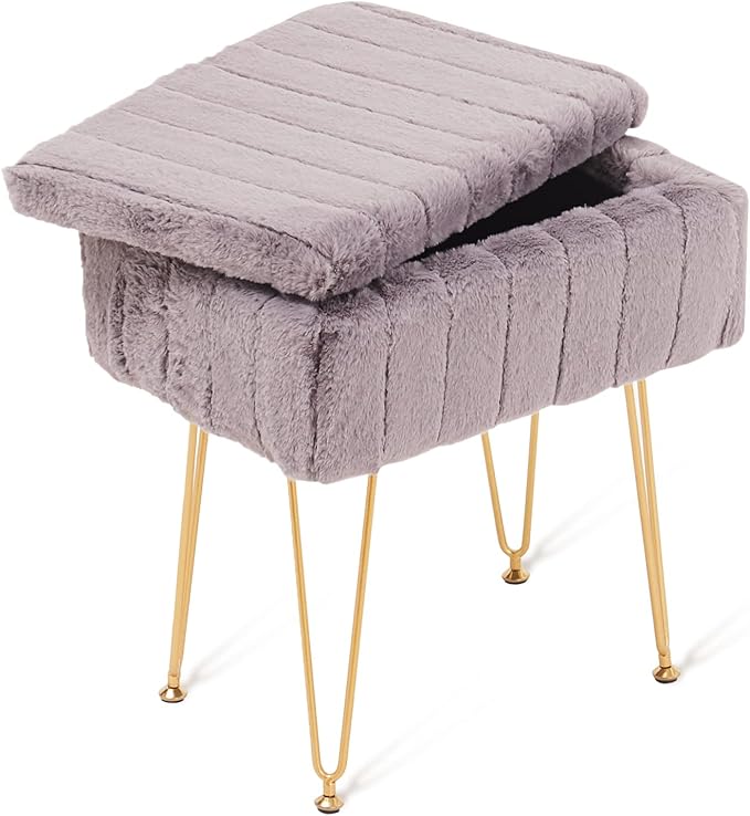 Wimarsbon Faux Mink Fur Storage Ottoman, Modern Soft Footstool, Storage Bench with Metal Legs, Vanity Seat, Fur Stool, Ottoman Coffee Table, Makeup Chair, Vanity Stools for Bedroom (Grey)