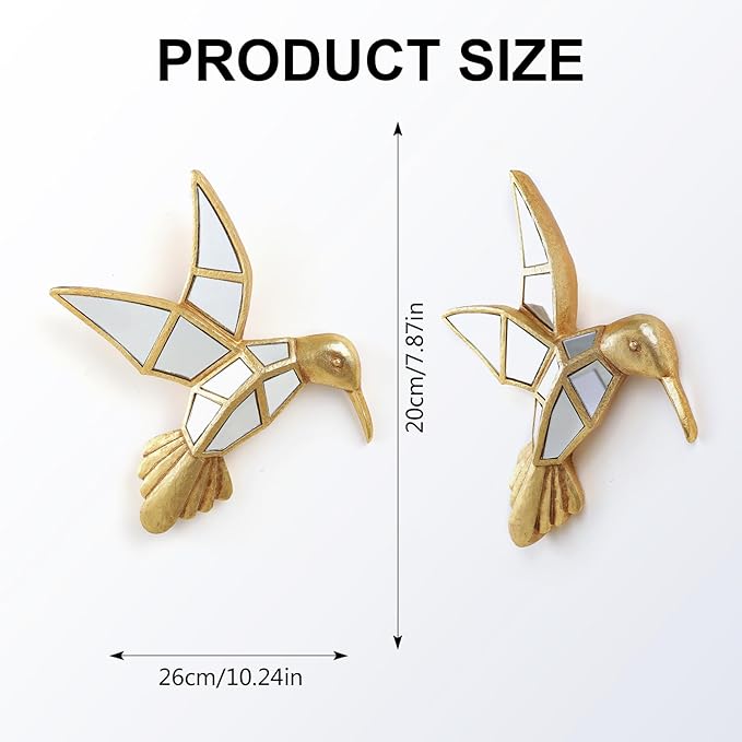 Vintage Wall Sculpture Animals Gold Bird Mirrors - Gold Resin Hummingbird and Glass Wall Decor, Perfect for Victorian and European Themed Homes