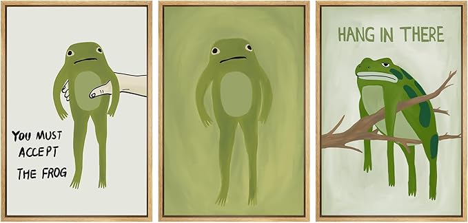 SIGNWIN Framed Canvas Print Wall Art Whimsical Frog Humorous Green Frog Photography Modern Art Minimalist Black and White for Living Room, Bedroom, Office - 16"x24"x3 Natural