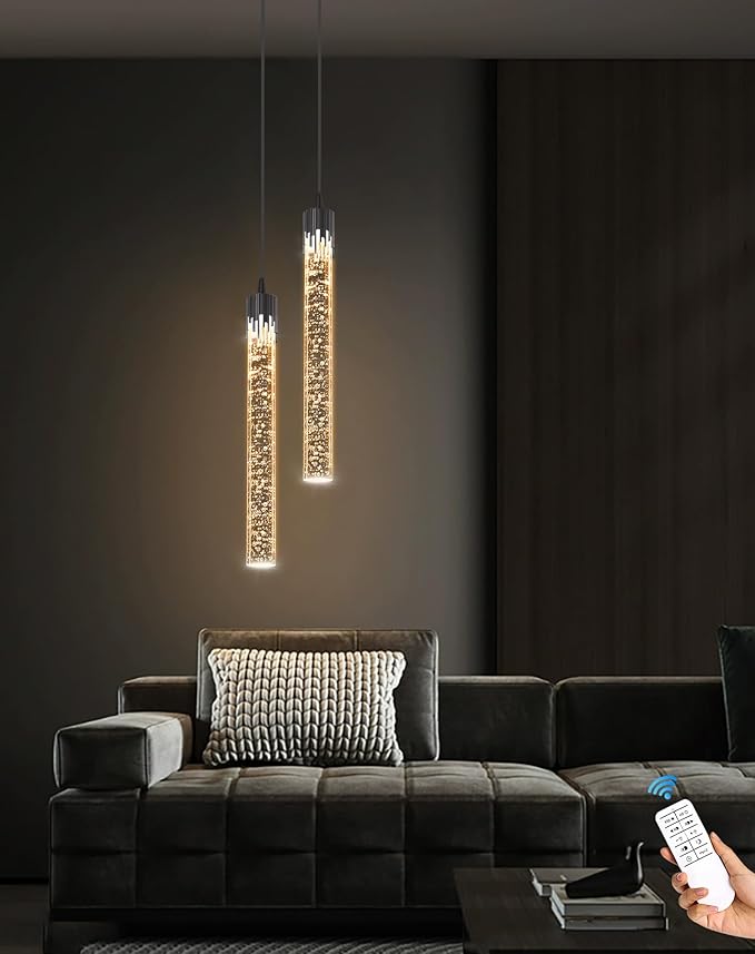 Modern Pendant Lights Kitchen Island Black Crystal Mini Pendant Light with Dimmable LED 2700K-6000K,Bubble Crystal Chandelier Dining Room and Bar - 1 Pack