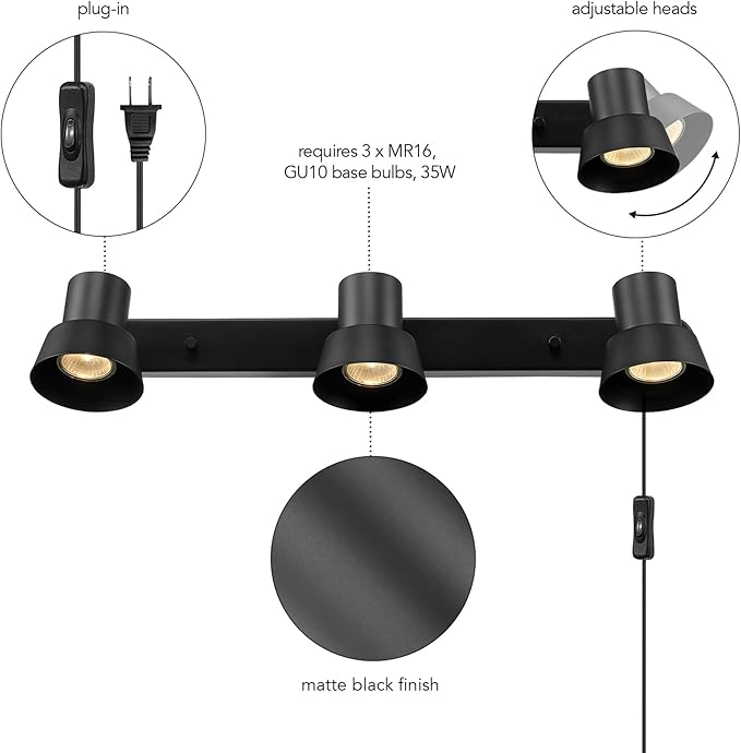 Globe Electric 64000115 22" 3-Light Plug-in Track Lighting, Matte Black, Pivoting Track Heads, 15-Foot Black Cord, in-Line on/Off Rocker Switch