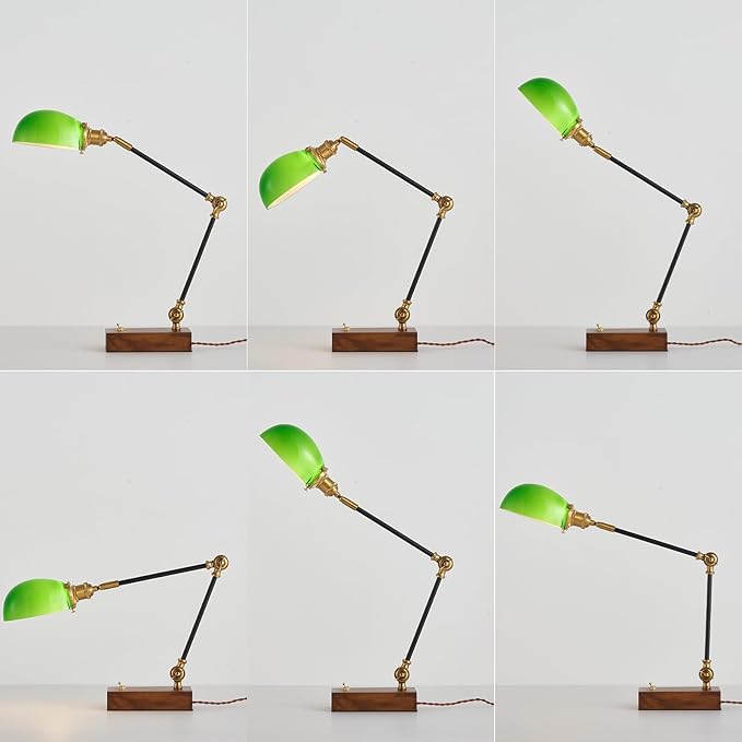 Bankers Lamp, Traditional Green Desk Lamp with Solid Ash Wood Base, Green Glass Antique Library Lamp with Power Cord Switch, Plug in Vintage Bankers Desk Lamp for Office, Study Room 【E26 Socket】