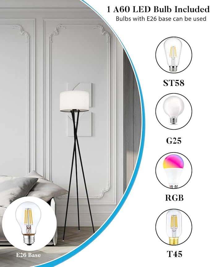 Lightdot Black Tripod Floor Lamp, Modern Floor Lamps for Living Room, Standing Lamp with Linen Shade, E26 Bulb Included, 66" Tall Floor Lamp for Bedroom, Home Office