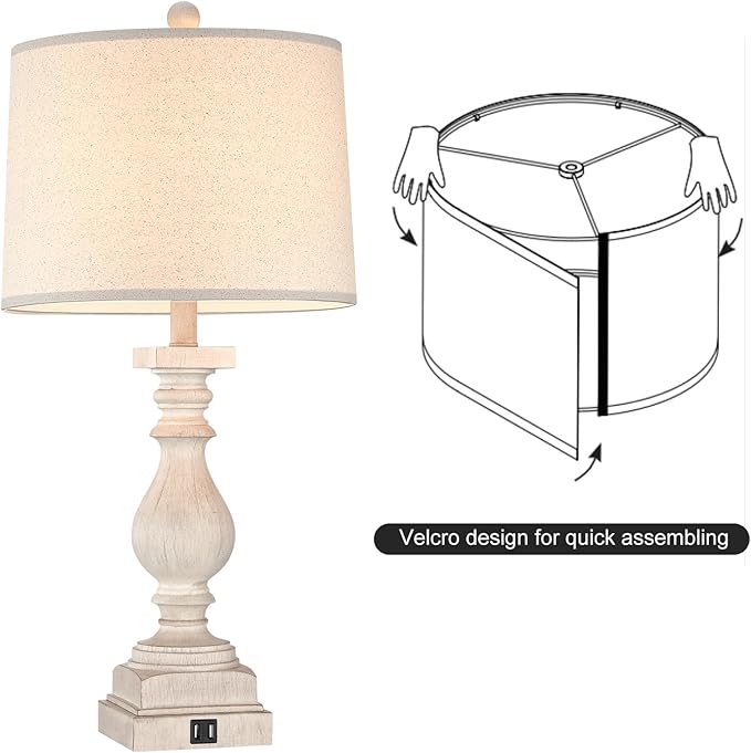 Rustic Dimmable Table Lamps Set of 2 with USB Charging Ports,26.5”Resin Beside Lamps for Living Room,Vintage Farmhouse Nightstand Lamps Traditional French Country Table Lamps for Bedroom