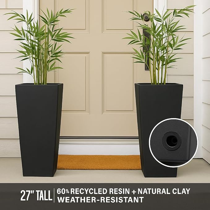 GreenShip 27" Tall Planters, Set of 2 – Black Outdoor Planter for Front Porch & Tall Plants, Weather-Resistant, with Drainage Hole & Rubber Plug (No Plants Included) (Black-2pcs)