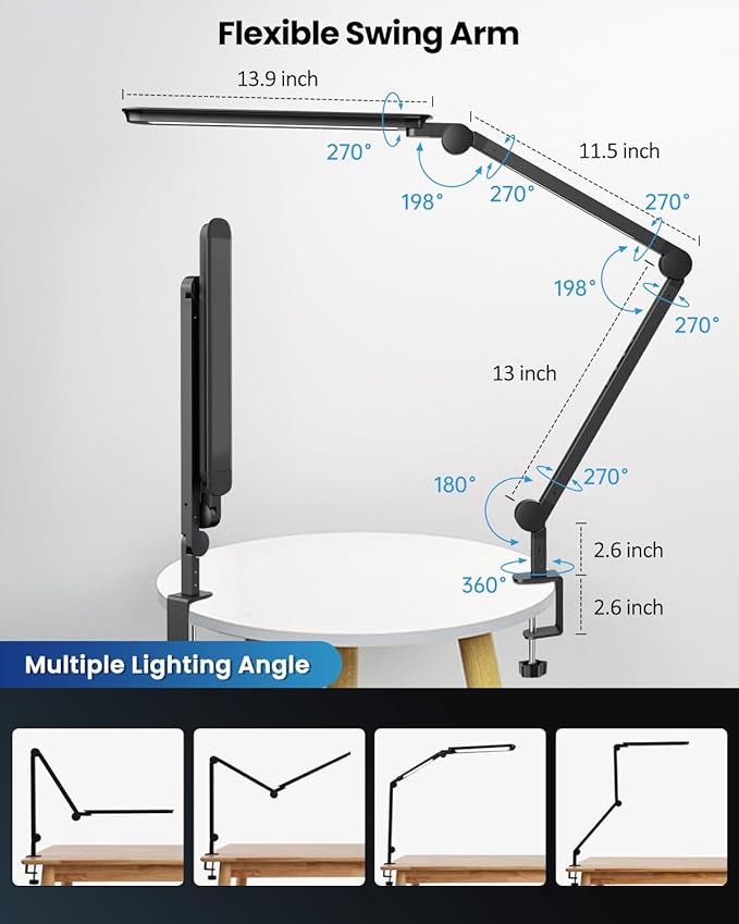 LED Desk Lamp with Clamp, Ultra-Bright Dual Light Architect Desk Light with Adjustable Swing Arm, Eye-Caring 4 Color Modes Stepless Dimming Task Table Lamp for Home Office Reading Study & Workbench