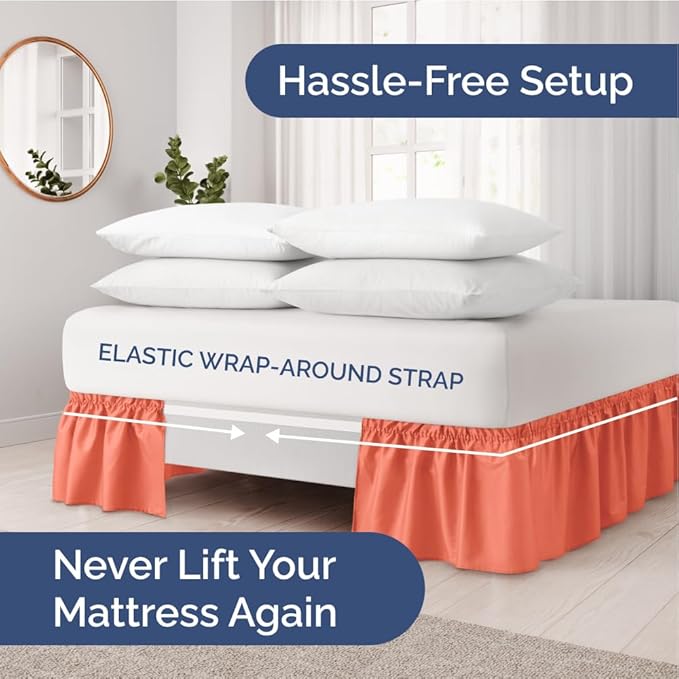 Wrap Around Dust Ruffle Bed Skirt - Coral - for King Size Beds with 21 Inch Drop - Easy Fit Elastic Strap - Adjustable Pleated Bedskirt w/Brushed Fabric - Wrinkle Free - for Women, Men, Kids & Teens