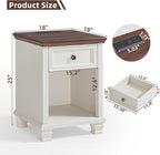 Farmhouse Side Table with Charging Station, Rustic Wood End Table with Drawer, Small Nightstand with Open Shelf for Bedroom, End Tables for Living Room, White