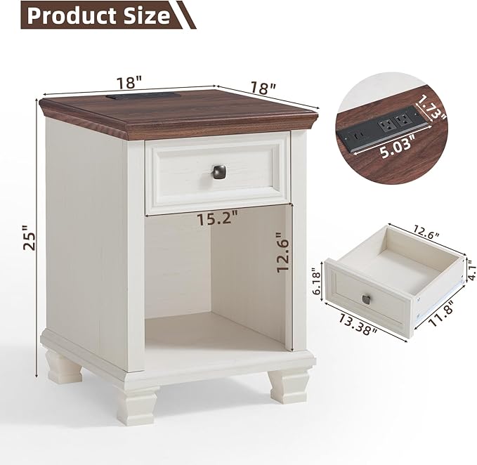 Farmhouse Side Table Set of 2 with Charging Station, Rustic Wood End Table with Drawer, Small Nightstands with Open Shelf for Bedroom, End Tables for Living Room, White
