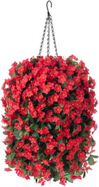 Artificial Fake Red Hanging Flowers Plants Basket for Outdoor Outside Winter Christmas Decor, Faux Silk Look Real UV Resistant Orchid for Fall Porch Garden Yard Patio Home