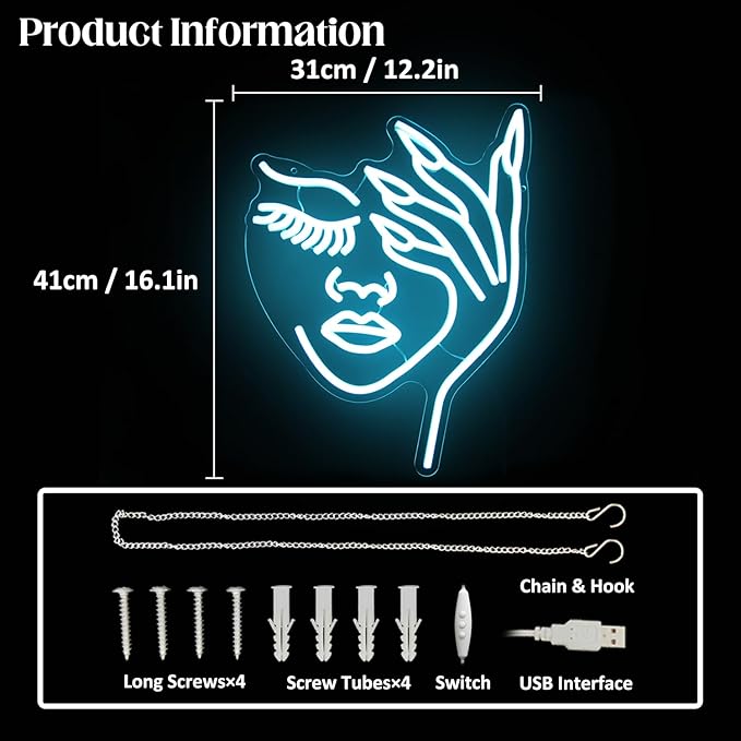 Woman Face Neon Sign Nails Finger LED Signs Lady Lash Neon Light Blue Dimmable Nail Gesture Neon Wall Sign for Bedroom Girls Room Beauty Salon Decor Aesthetic Wall Art Gifts