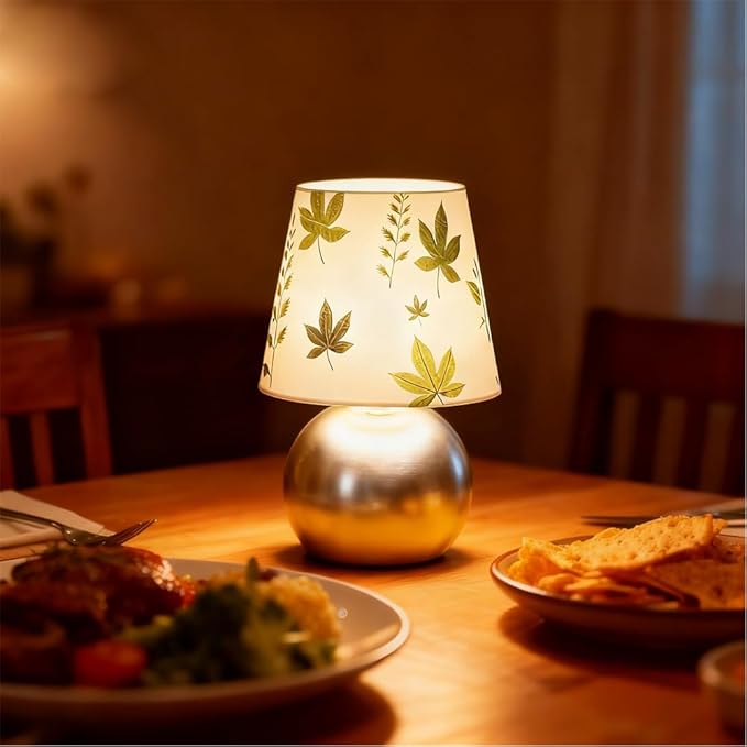 Set of 2 Small Silver Bedside Table Lamp with Maple Leaf Pattern Shade (Bulb Included)