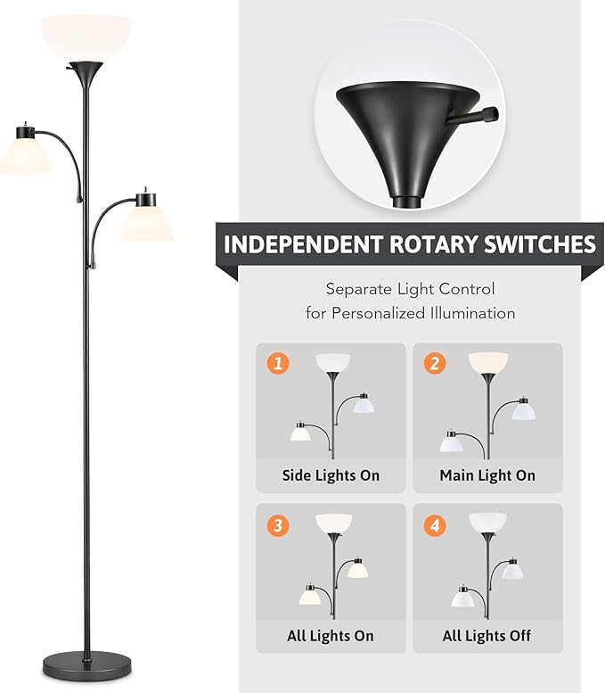 VONLUCE 71" Floor Lamp, Standing Lamp with Adjustable Reading Lights & 3 Bulbs, Modern Torchiere Floor Lamp with 3 Color Temperatures, Tall Lamp for Living Room Bedroom Corner, Black