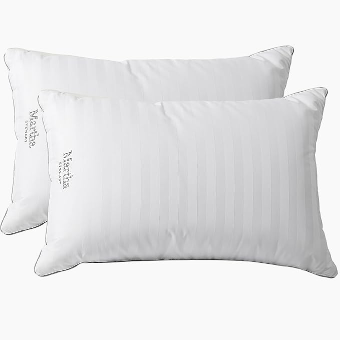MARTHA STEWART Hotel Collection Meidum Soft Feather Down Pillows 100% Cotton 500 Thread Count Damask Stripe Embroidered, King Size Set of 2, White 2