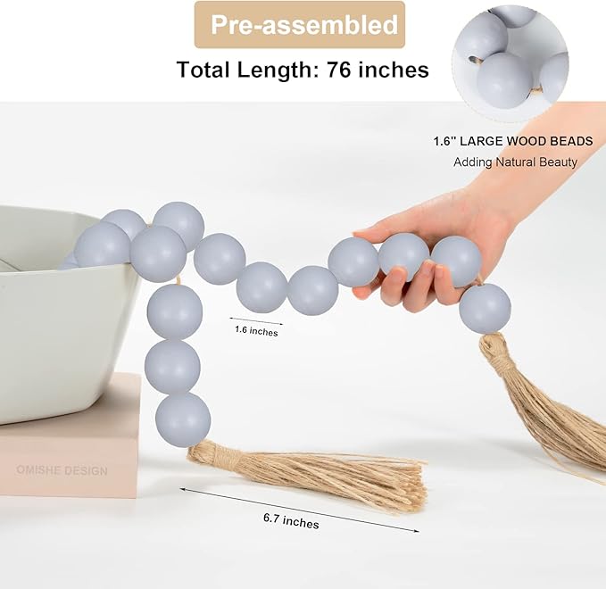 OMISHE 76" Long Extra Large Wood Bead Garland Grey with 1.6" Diameter Wooden Beads and Tassels, Rustic Farmhouse Country Decorative Beads for Home Tiered Tray Decor, Grey