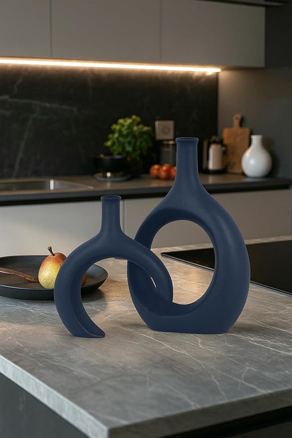 Blue Ceramic Vase Set of 2 - Modern Navy Blue Vase for Dining Table Centerpieces, Farmhouse and Home Decor, Office Partitions, Mantelpiece, Entrance Decoration