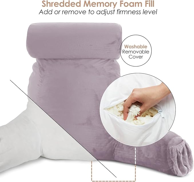 Nestl Reading Pillow Large Bed Pillow, Back Pillow for Sitting in Bed Shredded Memory Foam Chair Pillow, Reading & Bed Rest Pillows Dusty Purple Back Pillow for Bed, Bed Chair Arm Pillow with Pockets