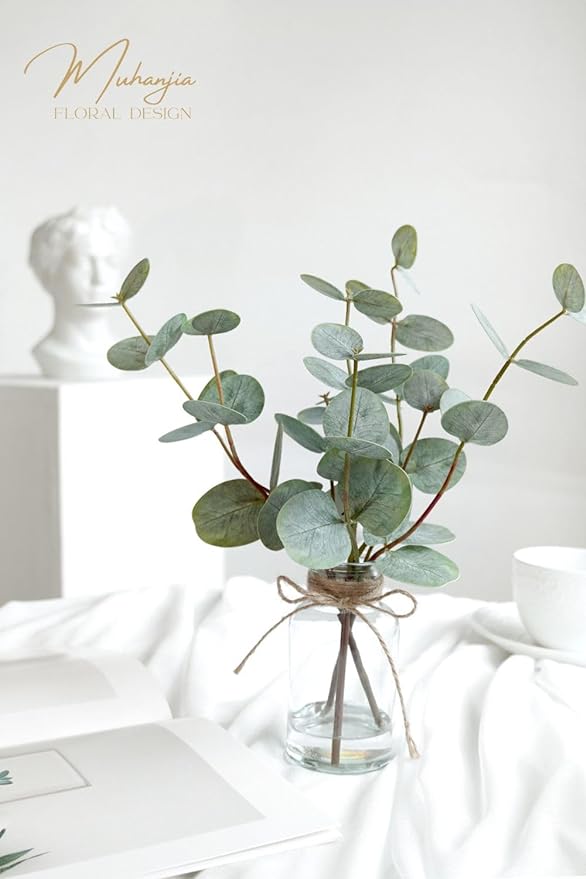 Artificial Eucalyptus Stems in Glass Vase with Faux Water,3Pcs Fake Plant with Double-Sided Green Leaves for Centerpiece(Double-Sided Green Eucalyptus)