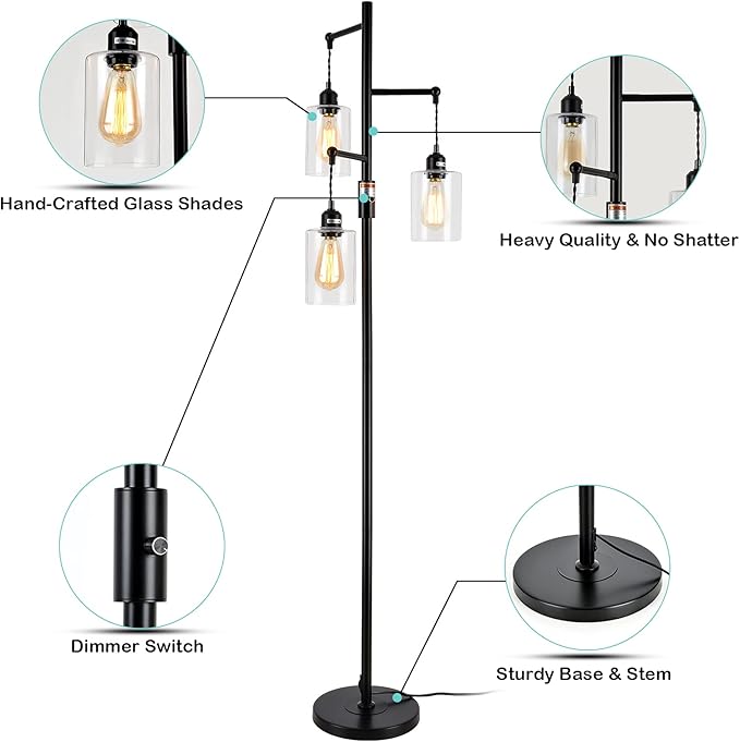 Airposta Industrial Floor Lamp with On/Off Dimmable Switch, 3-Head Rustic Tree Standing Lamp, Edison Bulb 40W Retro Tall Glass Floor Light for Living Room, Reading, Office, Bedroom, Black